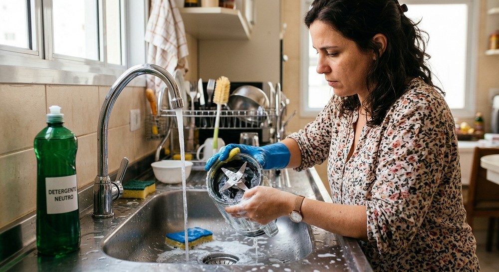 Mulher limpando as lâminas do liquidificador — Foto: Imagem gerada por IA