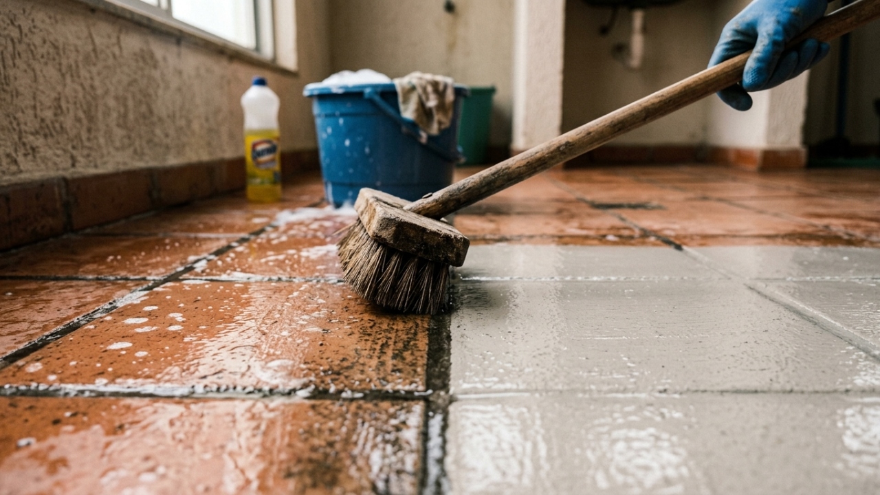 A engenhoca com escova presa no rodo que esfrega o rejunte sem ajoelhar: o cabo longo ajuda a alcançar a sujeira encardida com mais força e menos esforço nas costas