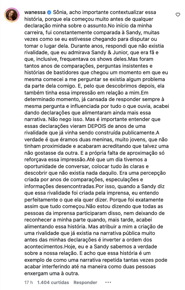 Wanessa admite que declarações suas alimentaram rivalidade com Sandy: 'Não nego isso'