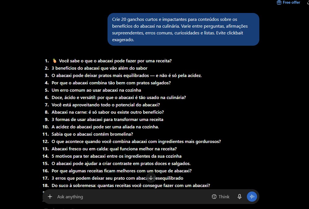 O ChatGPT é eficiente na crianção de ganchos e ideias diferentes — Foto: Reprodução/Gabriel Pereira