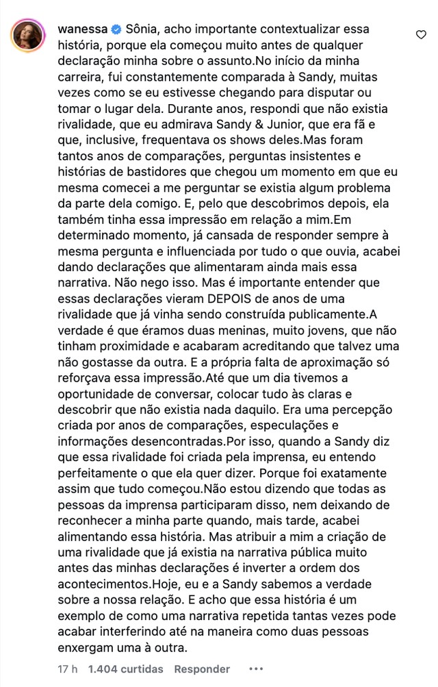 Wanessa admite que declarações suas alimentaram rivalidade com Sandy: 'Não nego isso'