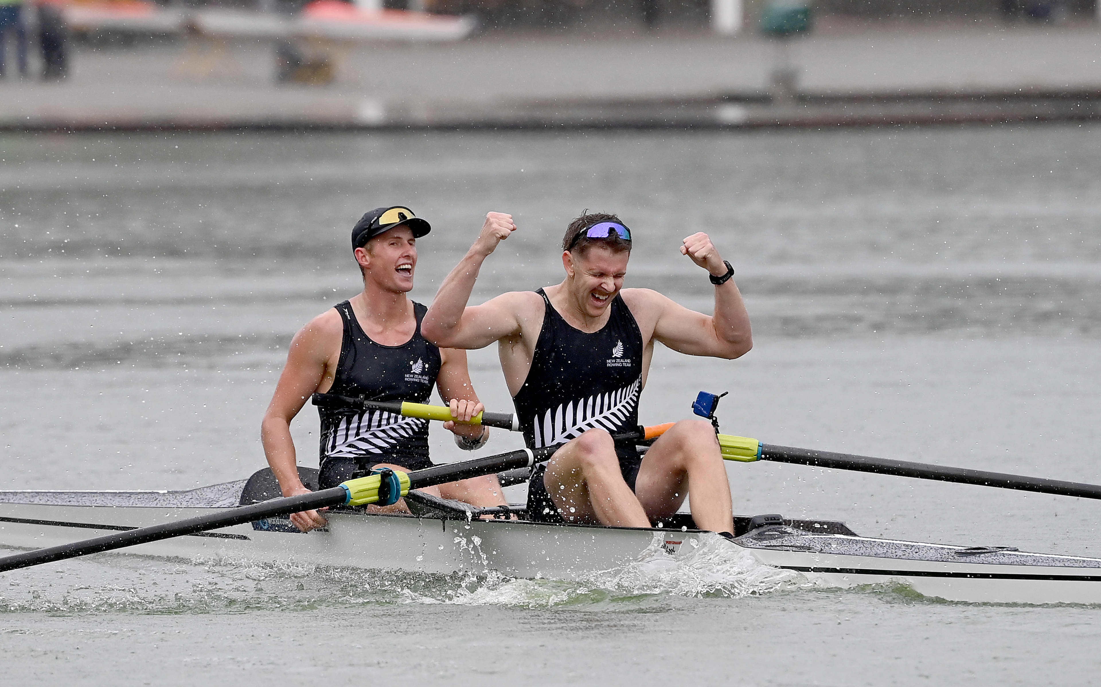 Ben Taylor and Oli Welch celebrate winning gold to retain their title in the Men's Pair at the World Rowing Championships in Amsterdam, 2026.