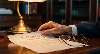 Primer plano de una mano arrugada tomando un documento marcado como "TESTAMENTO" sobre una mesa de madera. Hay unas gafas y una lámpara de latón.