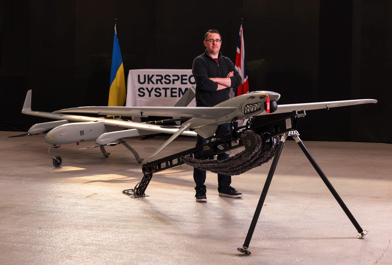Segundo Chamberlain, fabricantes ucranianos 'trazem conhecimento' a países europeus, que estão menos avançados no desenvolvimento desses drones — Foto: Chris Radburn/AFP