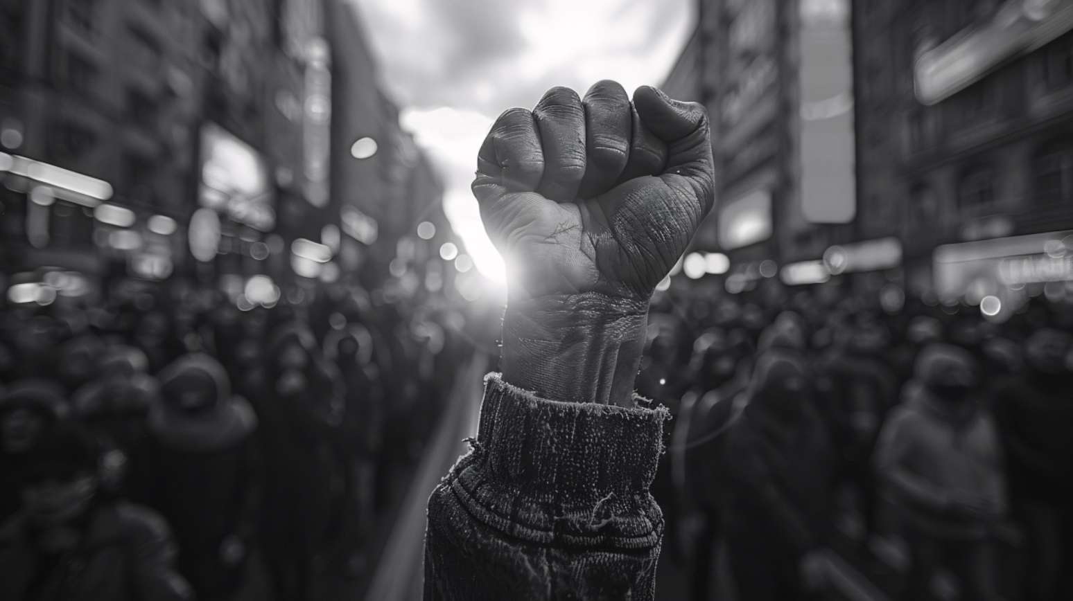 Imagem mostra punho de uma pessoa negra levantado, com a mão fechada. Atrás, uma multidão.
