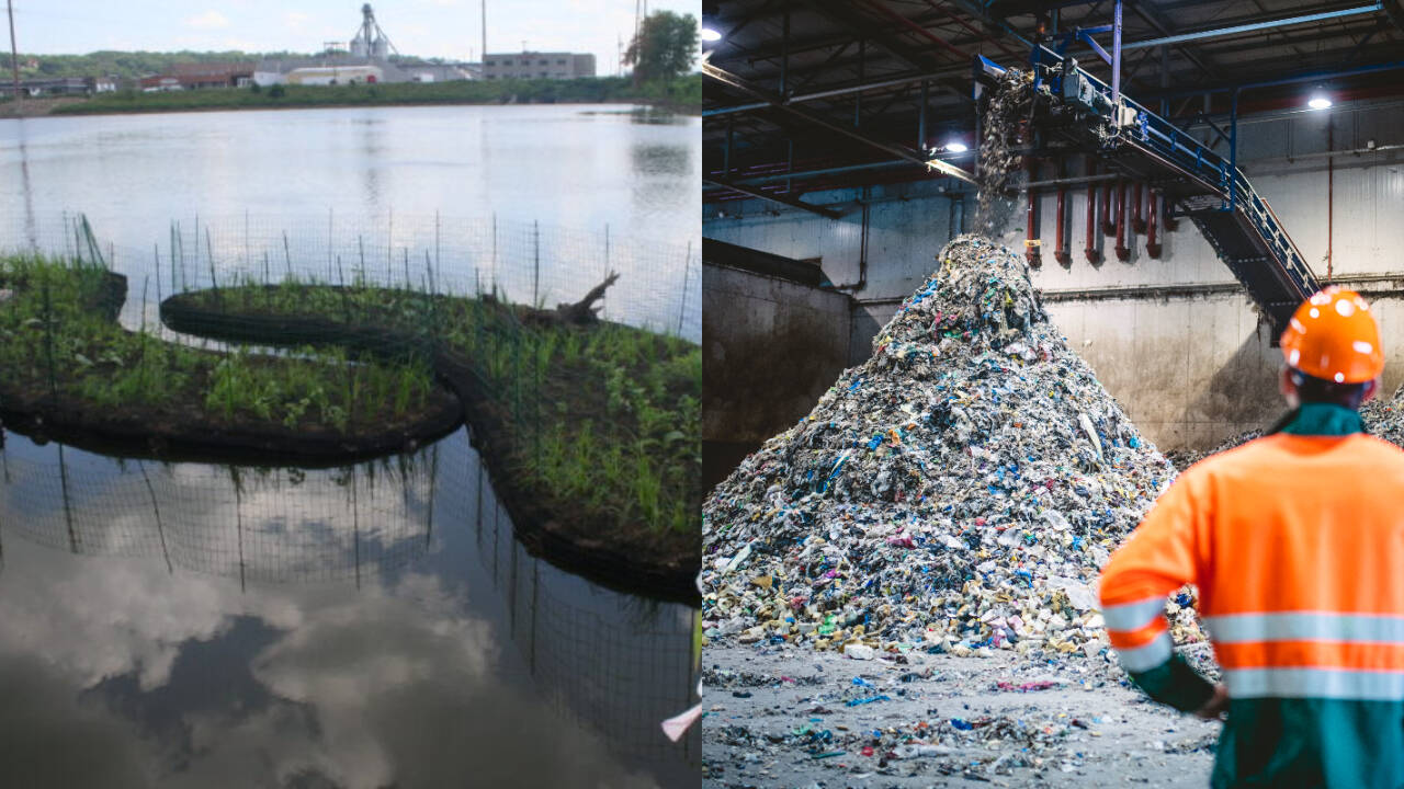Em 2017, Dubuque transformou plástico reciclado equivalente a cerca de 67.000 garrafas de água em 14 ilhas flutuantes; o sistema de 2.674 pés quadrados agora adiciona habitat para plantas, peixes e aves ao Bee Branch Creek.