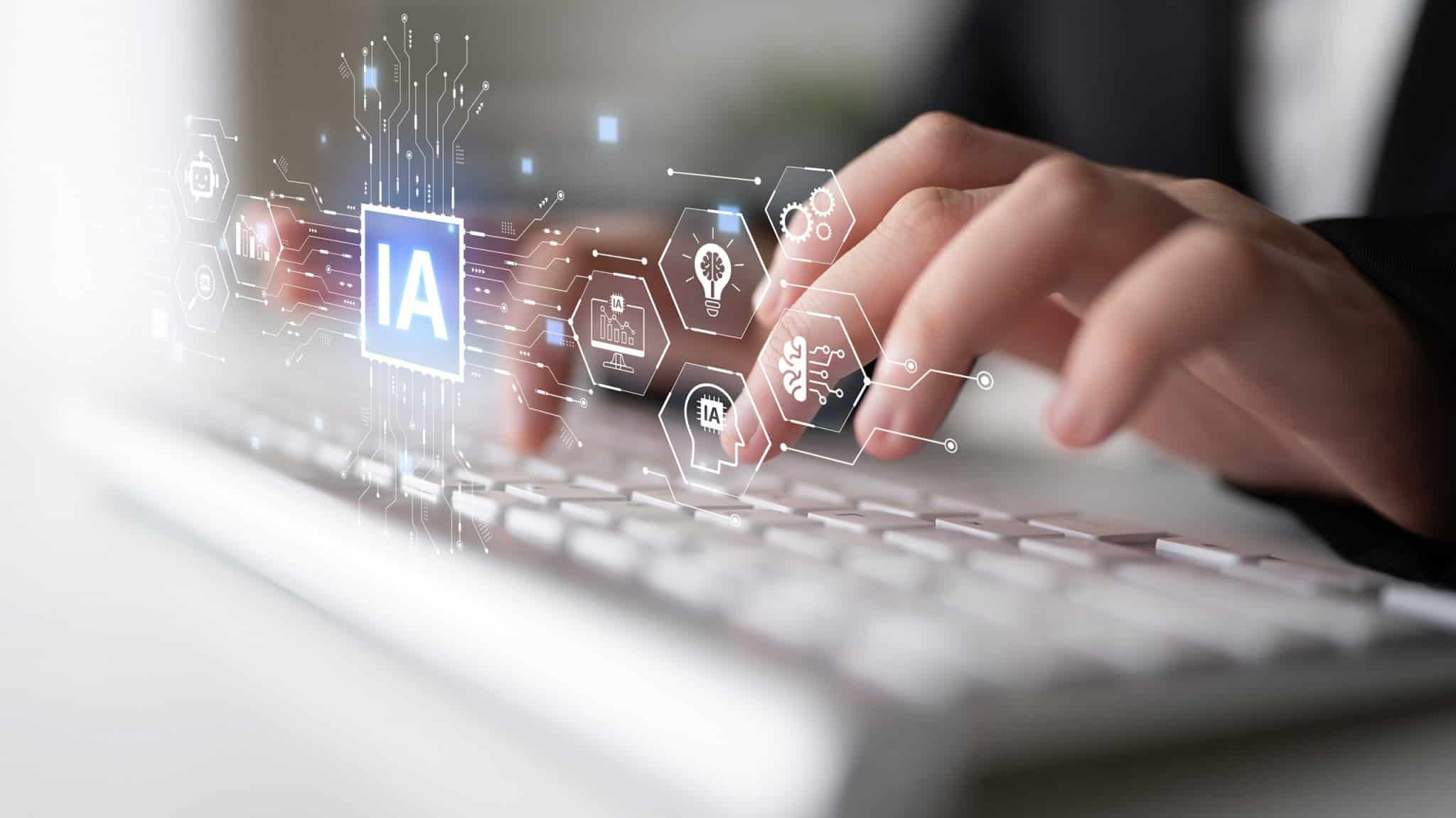 Pessoa teclando em um teclado de computador com os dizeres "IA" pairando em cima