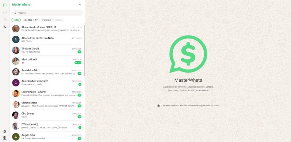 MasterWhats era um site que reunia mais de 65 mil mensagens atribuídas a Daniel Vorcaro, fundador do Banco Master, em uma interface inspirada no WhatsApp — Foto: Reprodução