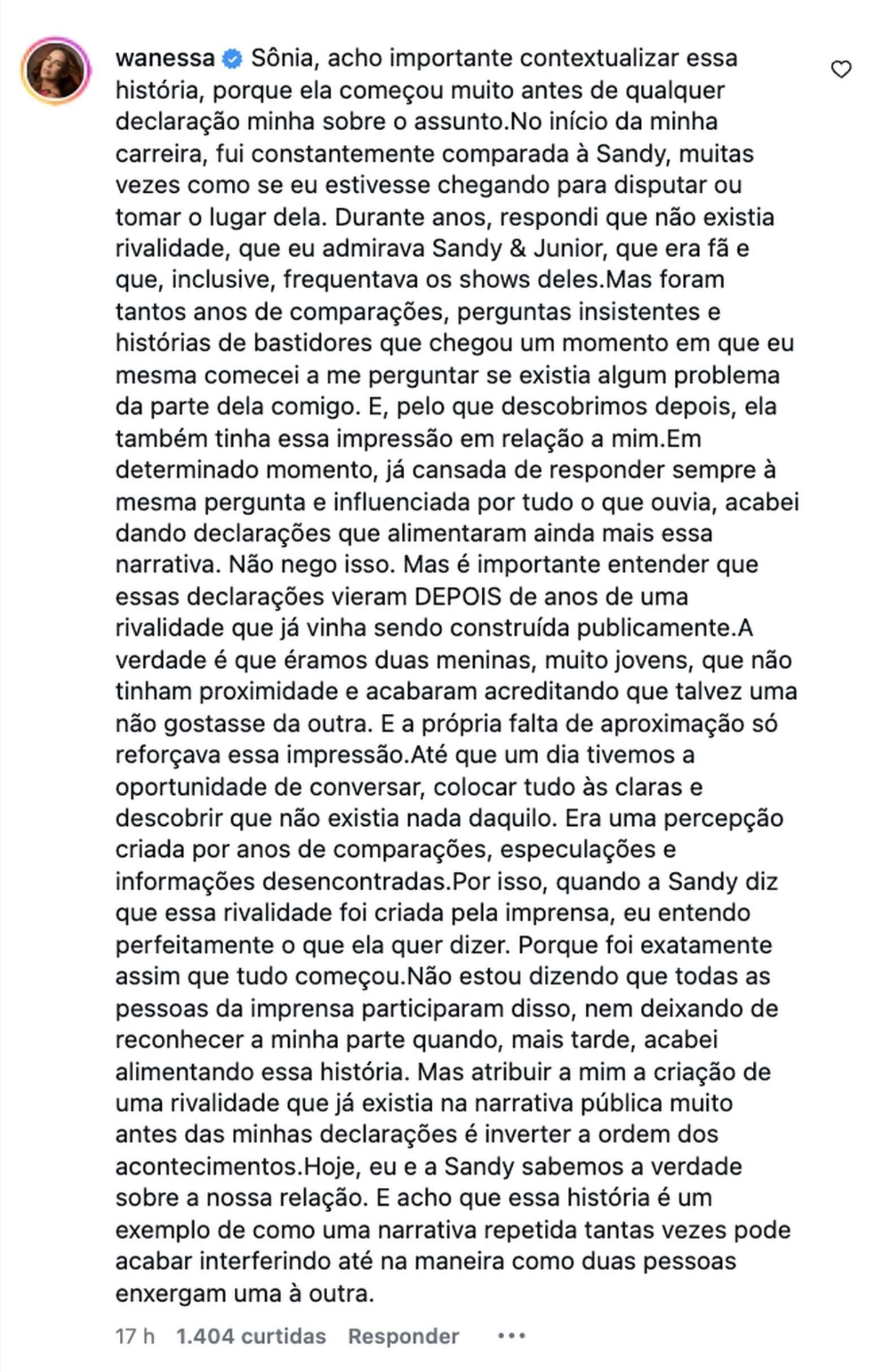 Wanessa fala sobre 'rivalidades' com Sandy —