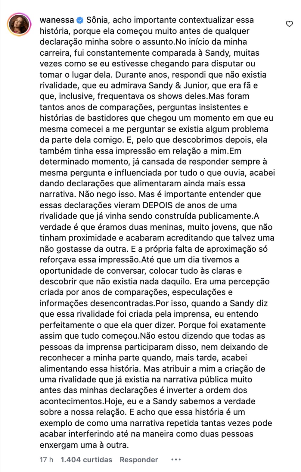 Wanessa fala sobre 'rivalidades' com Sandy — Foto: Reprodução/Instagram