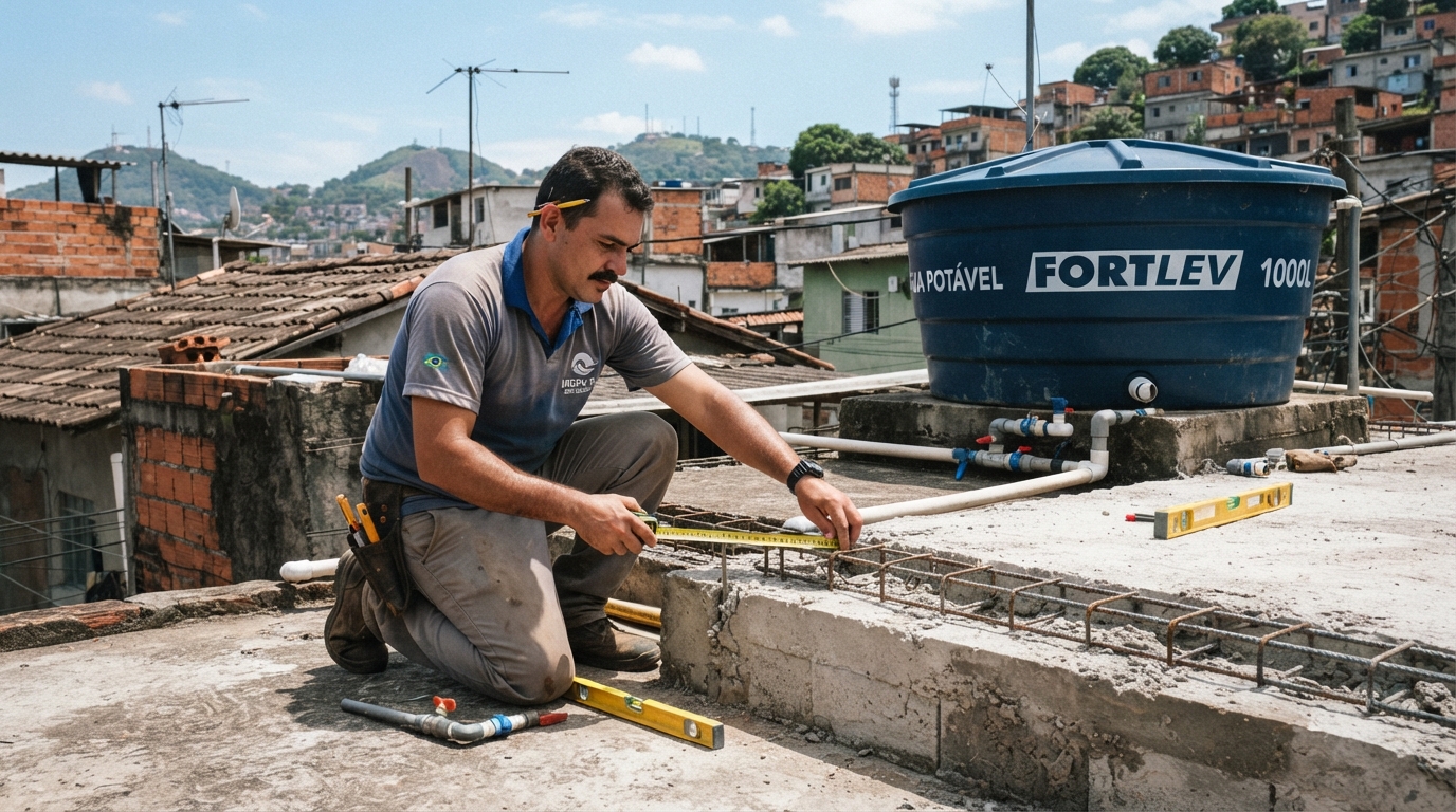 Bombeiro hidráulico é chamado para instalar caixa d’água na laje, mede a estrutura, interrompe o serviço e explica quanto peso mil litros representam sobre uma laje residencial comum