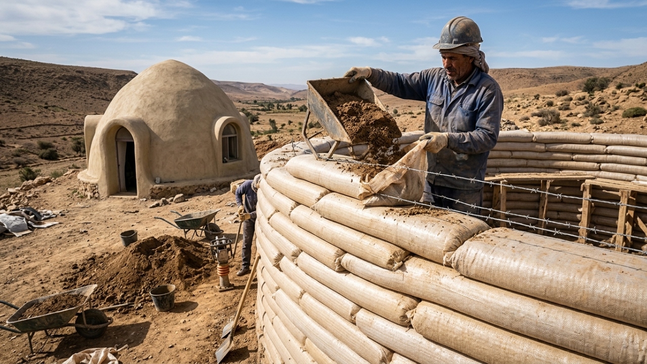 Construtores estão erguendo casas com sacos longos cheios de terra compactada e arame farpado entre as camadas, substituindo os tijolos por paredes moldadas com o próprio solo do terreno