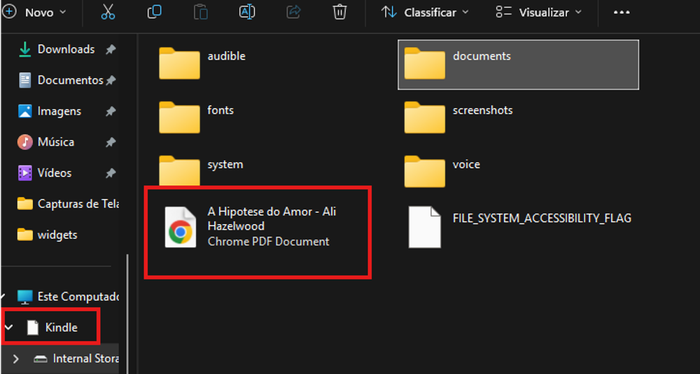 Via USB, o PDF é copiado diretamente para a pasta de documentos do Kindle — Foto: Reproduç/Késya Holanda