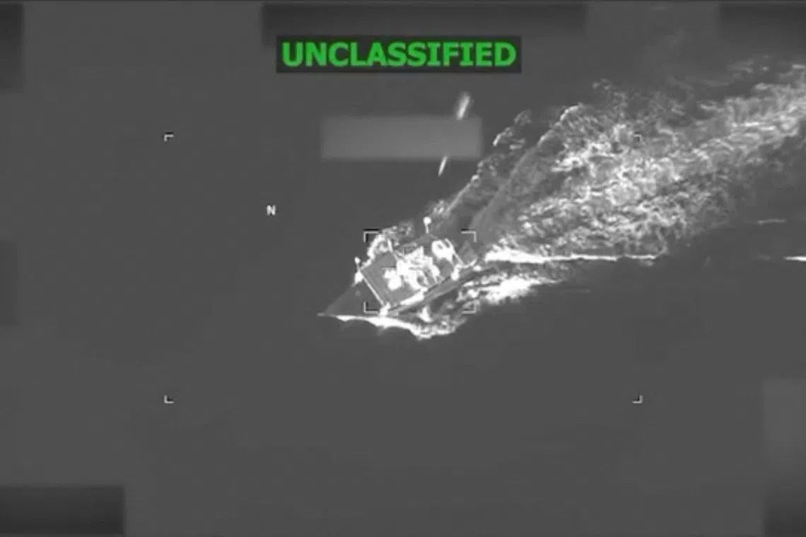A projectile approaches a vessel, which the US military alleges was involved in drug trafficking, during a strike at a location given as the Caribbean, in this still image taken from video released September 19, 2026. US Southern Command/Handout via REUTERS