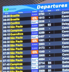 Painel de voos mostra voos cancelados no Aeroporto Santos Dumont nesta sexta-feira, 28 Foto: Reprodução/TV Globo