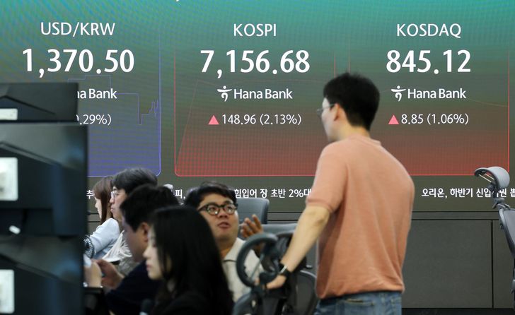 The benchmark KOSPI is displayed at a dealing room of Hana Bank in Seoul, Tuesday. Yonhap