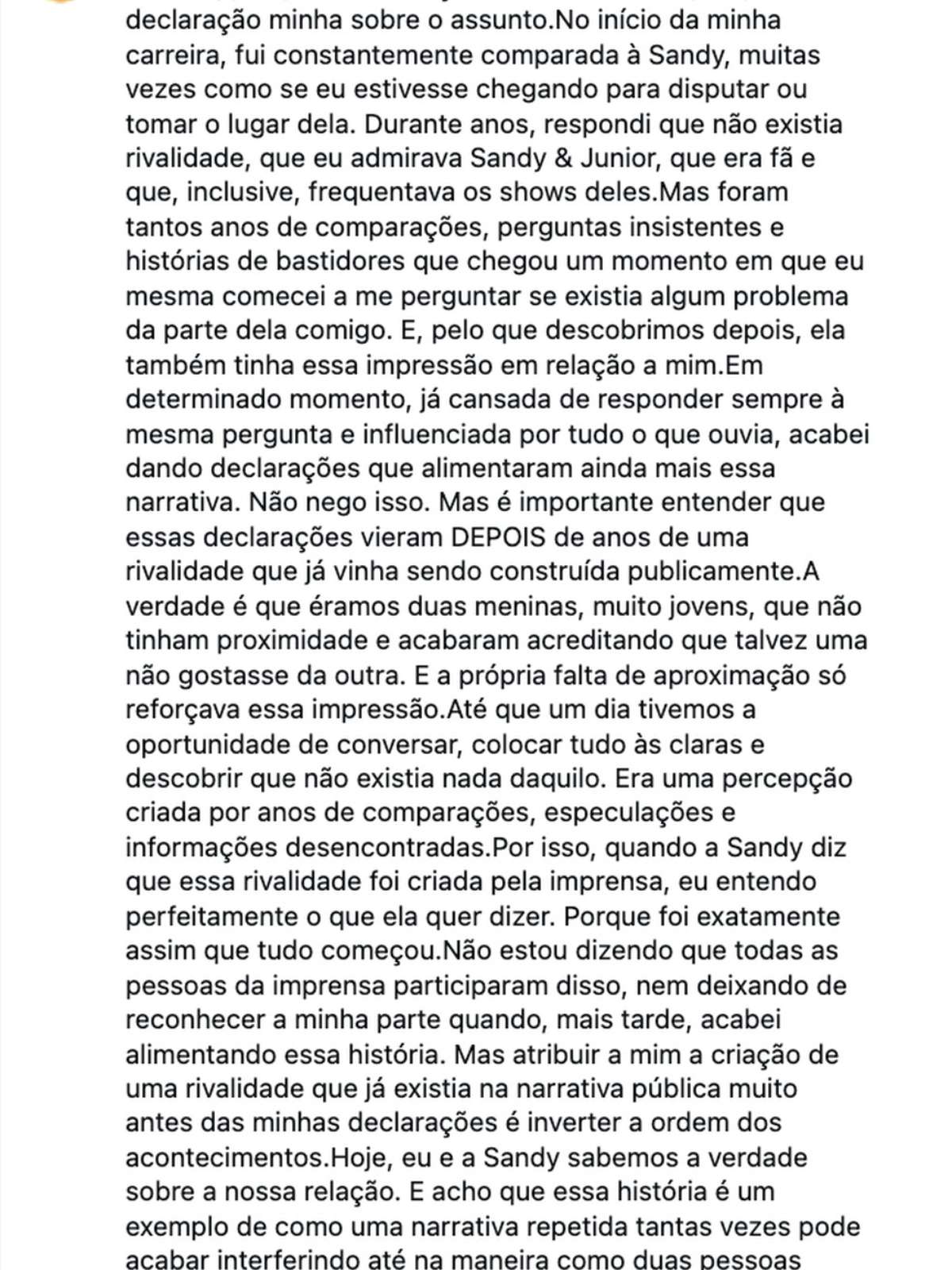 Wanessa Camargo admite que alimentou rivalidade com Sandy e explica como tudo começou