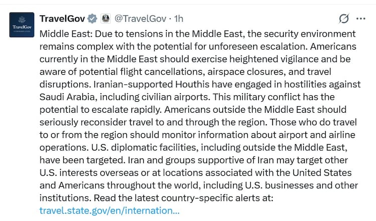 EUA alertam americanos sobre viagens ao Oriente Médio em meio a ataques dos Houthis