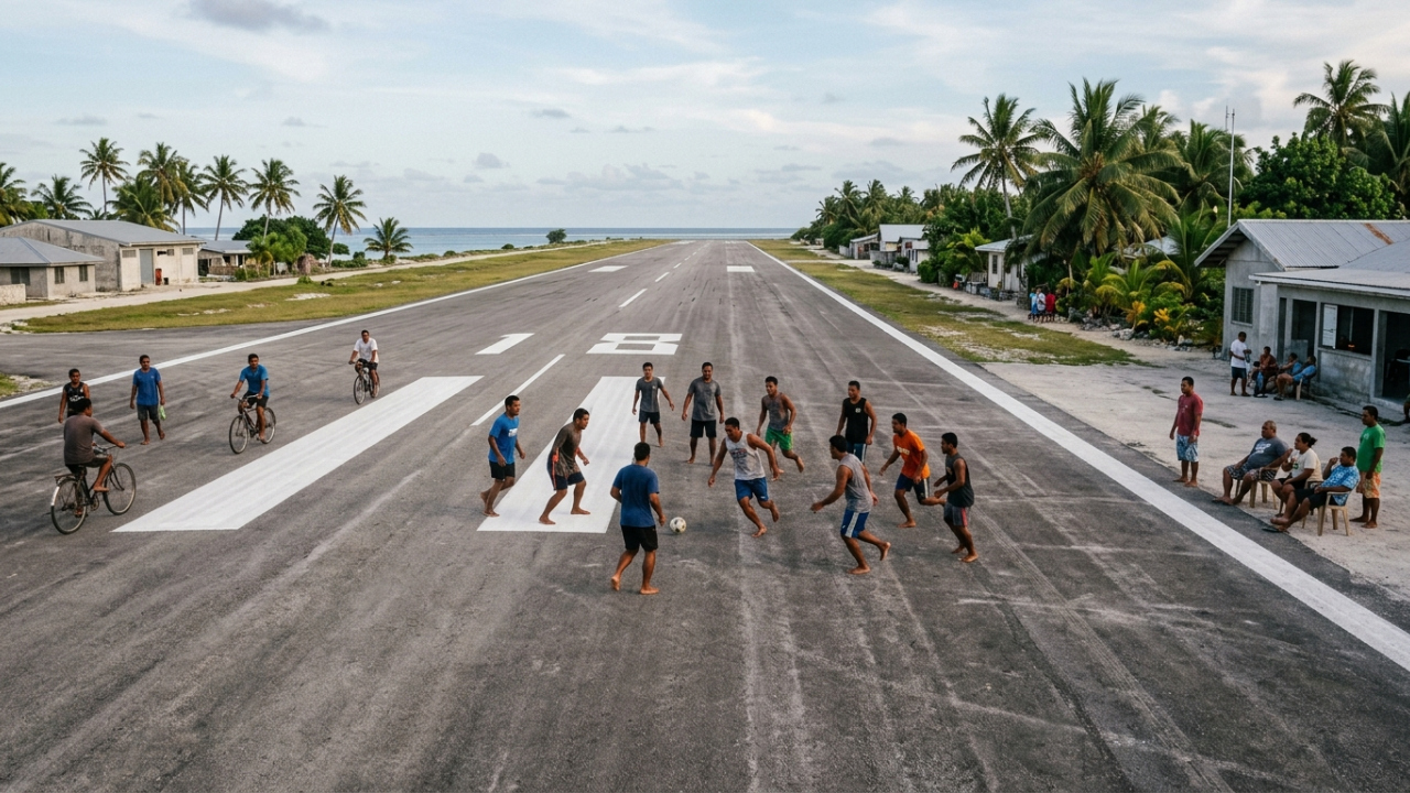 A pista do aeroporto internacional é o principal espaço público do país: quando o último avião decola, ela vira campo de futebol, quadra de vôlei, pista de bicicleta e sala de estar coletiva