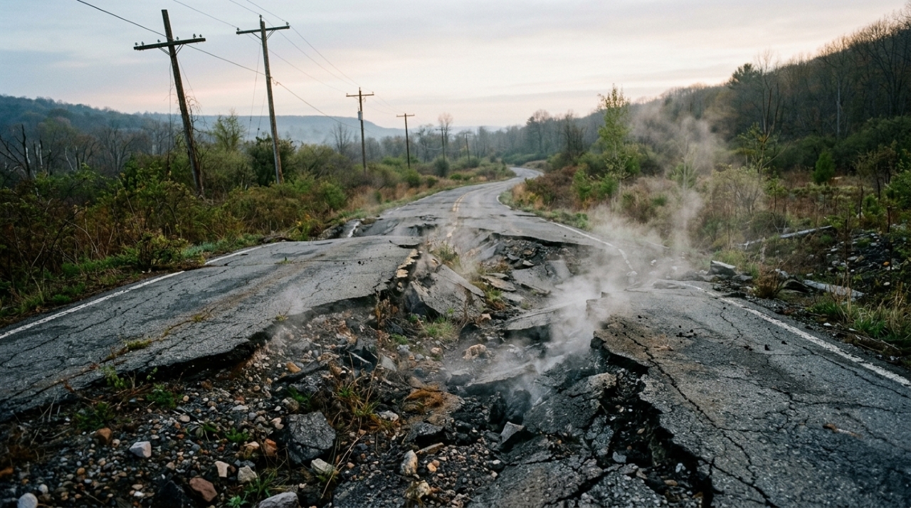 A cidade americana que pegou fogo por baixo em 1962, o incêndio na mina de carvão continua queimando debaixo das ruas até hoje, e o governo cancelou o CEP do município para forçar a saída dos últimos moradores