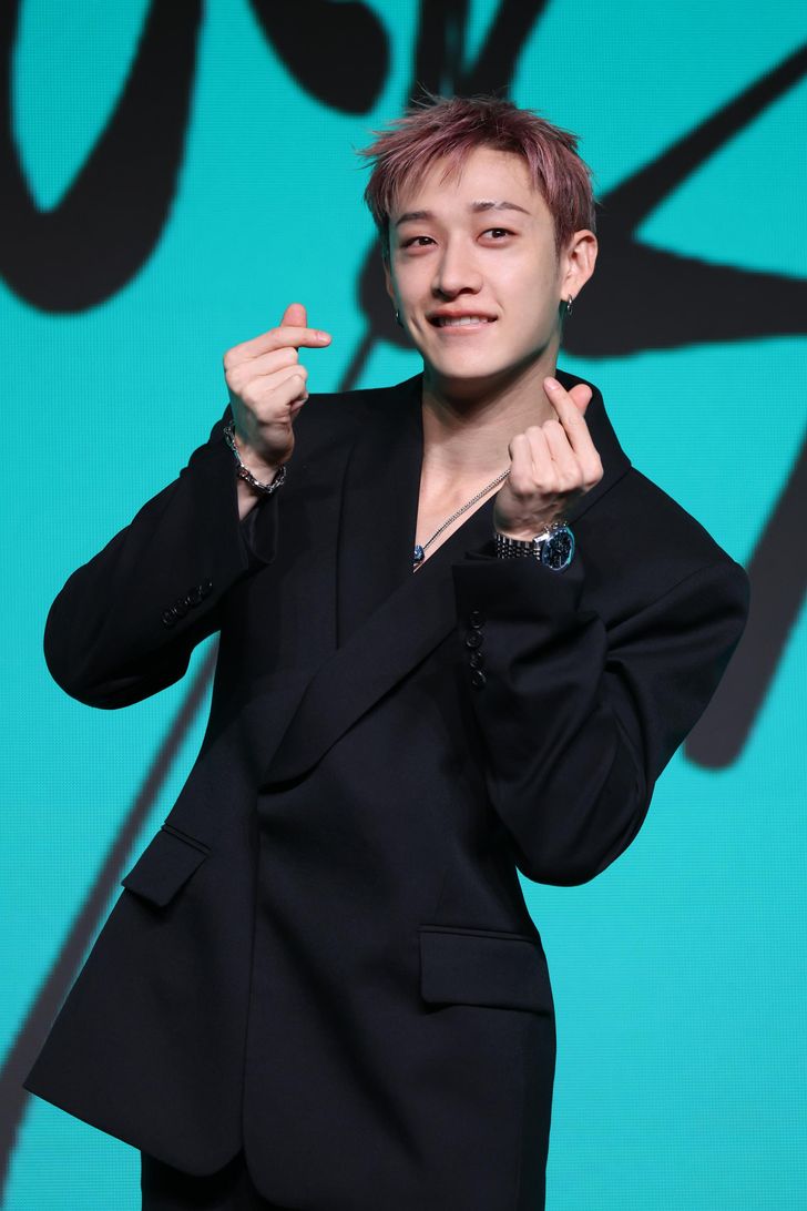 Stray Kids' Bang Chan posesduring a media showcase for the group's new EP, 'This & That,' at a Seoul hotel, Aug. 6. Yonhap