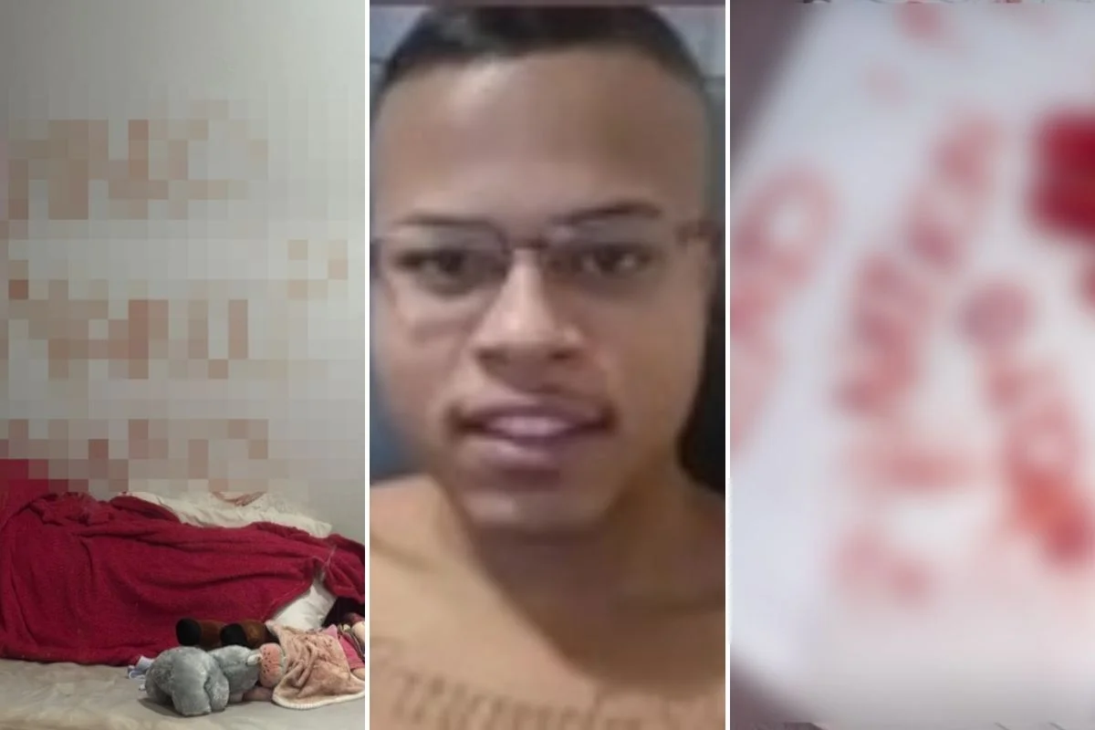 Montagem colorida de escritas à sangue feitas por vítimas de "Monstro da ZL", preso por suspeita de estuprar de adolescente de 16 anos, gravar e divulgar vídeos em grupos em redes sociais.