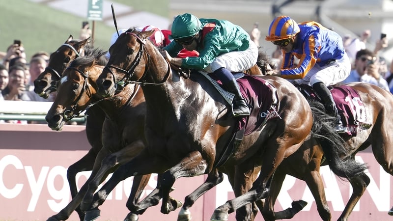 Mickael Barzalona riding Daryz (green) win the 2026 Qatar Prix de l'Arc de Triomphe