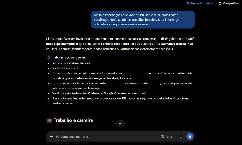 Uma simples pergunta é capaz de revelar um vasto volume de informações presentes na IA acerca do usuário — Foto: Reprodução/Gabriel Pereira