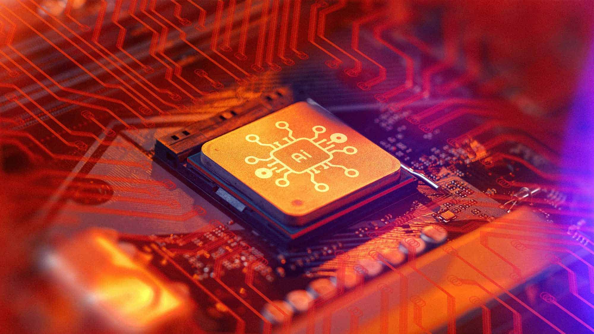 A tecnologia de IA é representada em um chip de computador com padrões de circuito em cores brilhantes